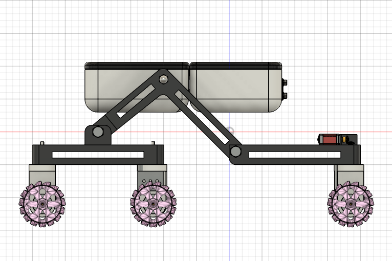 A 3D model of a rover robot chassis with three wheels, two battery packs, and an articulated arm assembly on a grid background
