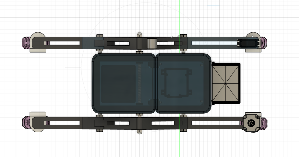 Top-down view of COSGC Rover Robot chassis with two parallel tracks, central modular body, and side-mounted components on grid background