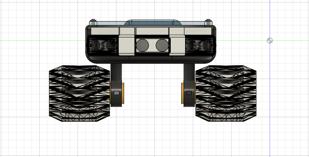 A compact rover robot chassis with rugged wheels and modular components, designed for uneven terrain and field repairs