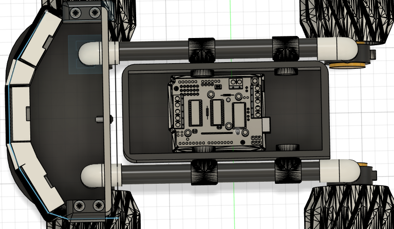 Top-down view of COSGC Rover Robot chassis with circuit board, wheels, and structural frame on grid background