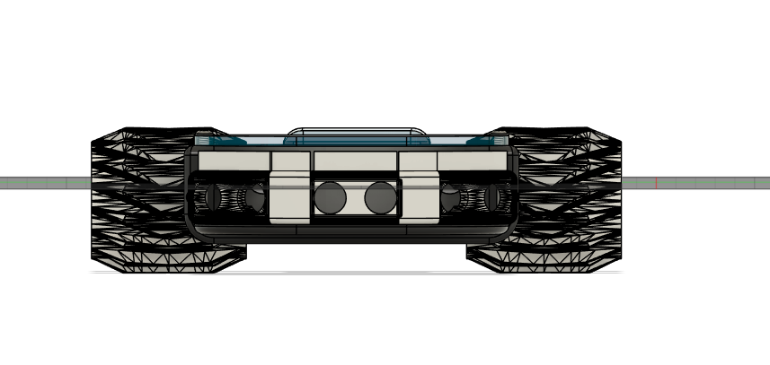A side-view schematic of a COSGC rover robot chassis with exposed mechanical components, wheels, and internal modules on a neutral background