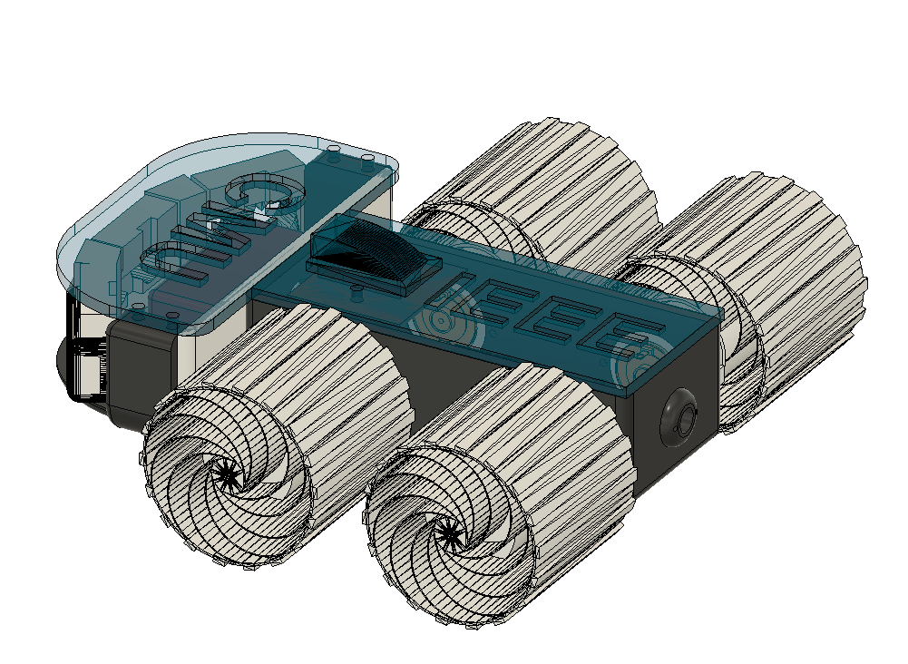 A COSGC Rover Robot chassis with four spiral treads, a transparent blue top panel labeled “COSGC” and “IEEE,” and internal mechanical components visible through cutaway sections