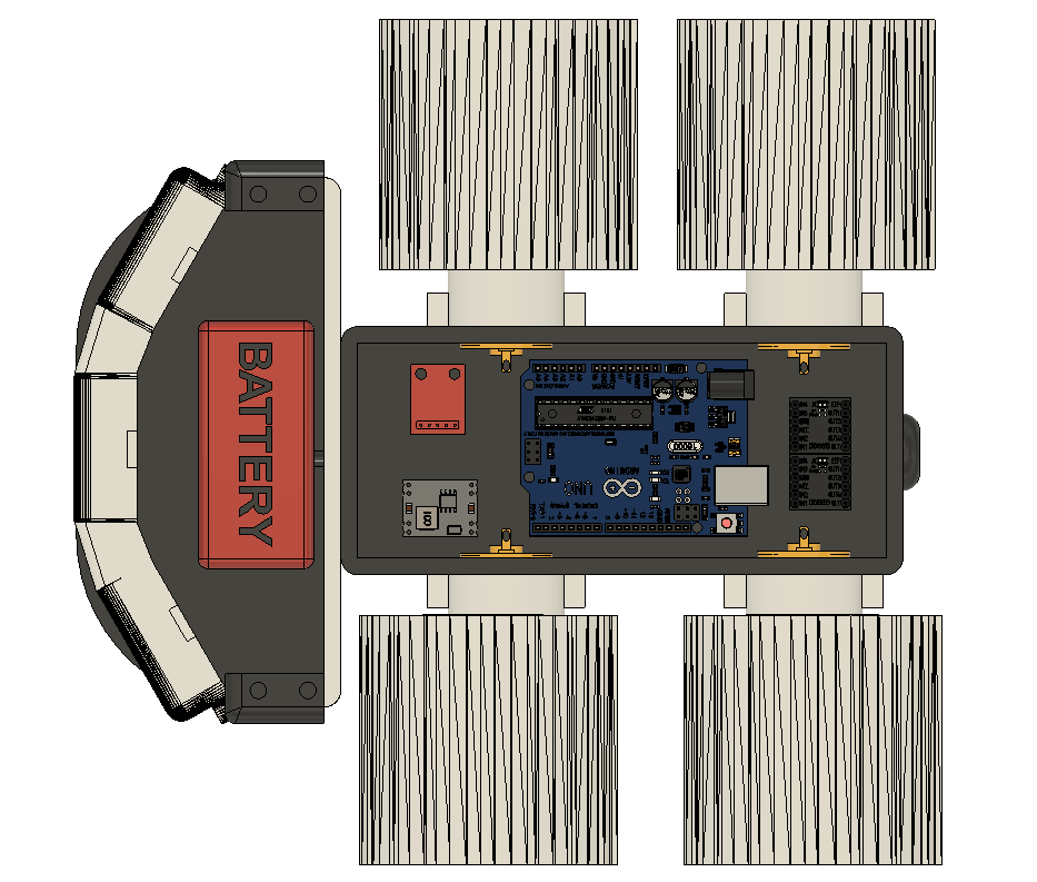 A COSGC Rover Robot chassis with a battery, Arduino board, and four wheels shown in an exploded view diagram