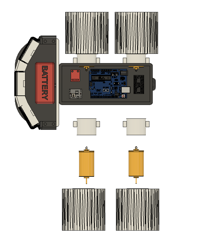 This diagram shows a COSGC Rover Robot chassis with battery, circuit board, four wheels, and two cylindrical components arranged for modular assembly