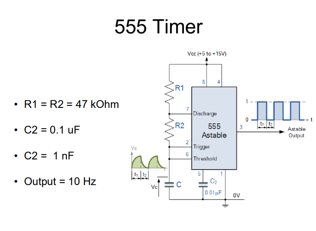 Diagram shows 555 timer circuit with resistors, capacitors, and output waveform for COSGC Rover Robot project