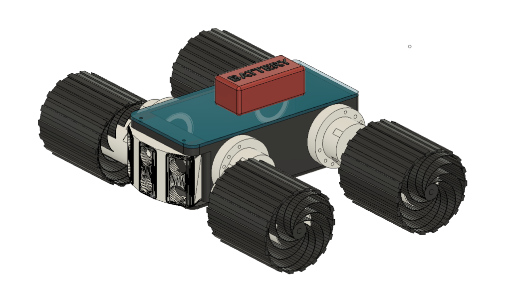 A compact rover robot chassis with four rugged wheels, a red battery pack labeled “BATTERY,” and visible internal components including fans and structural supports