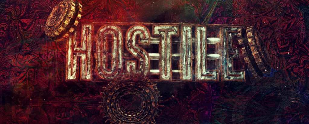 Banner design for a graphic design blog post titled “My Early Graphic Design Journey”, featuring the word HOSTILE in metallic letters surrounded by gears and ornate patterns