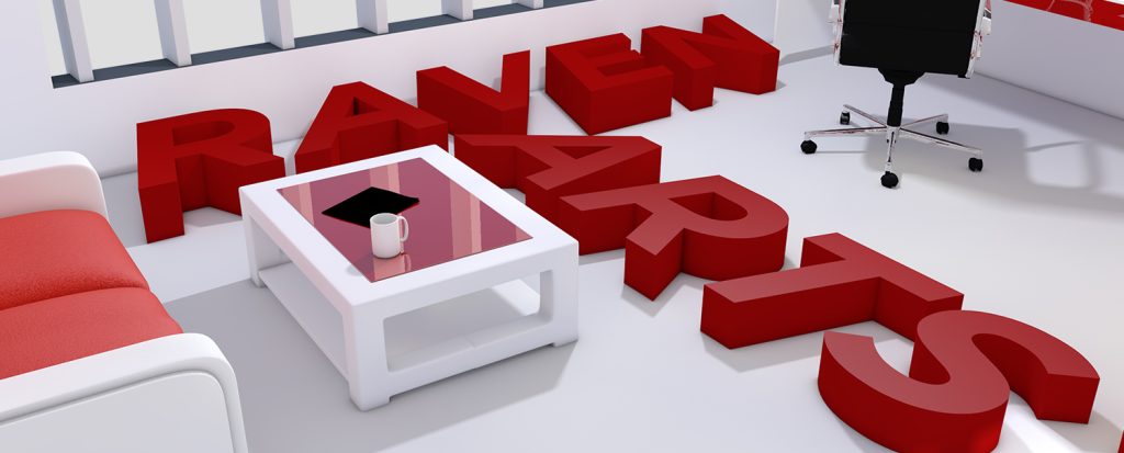A 3D render shows red letters spelling “RAVEN ARTS” scattered on a white floor beside a coffee table, sofa, and office chair in a modern room