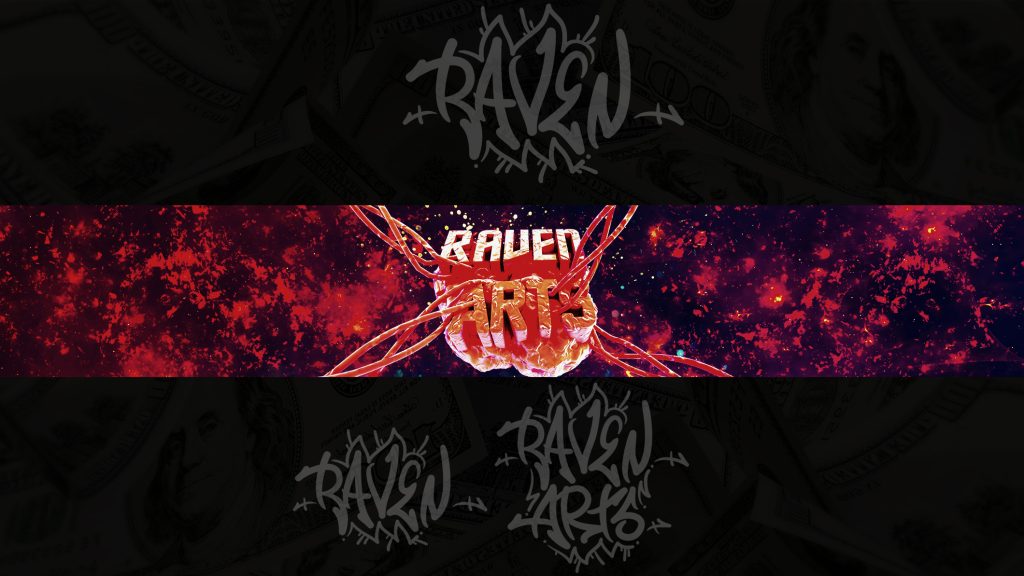 A banner design featuring a red and black background with splattered paint, a central brain graphic, and stylized “RAVEN ARTS” text in graffiti-style lettering above and below