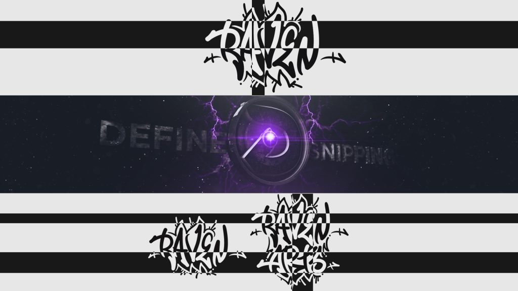 A banner design featuring graffiti-style text and a glowing purple circular element against black-and-white striped background