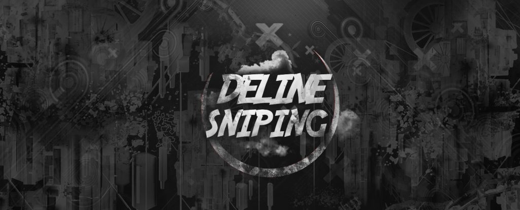 Banner design titled “Deline Sniping” in bold white letters, set against a dark, abstract background filled with mechanical and digital motifs