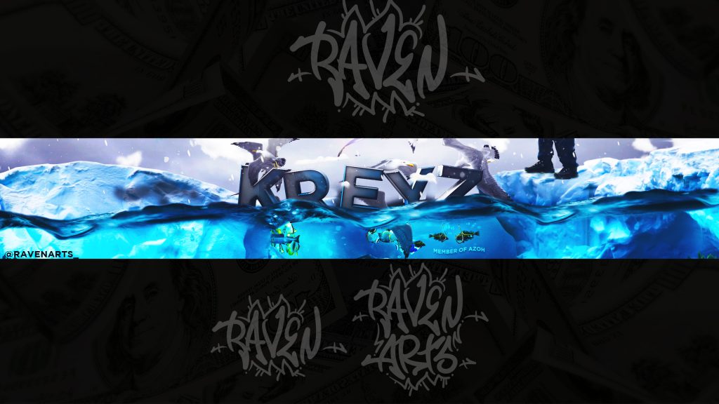 A banner design featuring icy blue water, submerged figures, and graffiti-style “RAVEN ARTS” logos on dark backgrounds with dollar bill textures