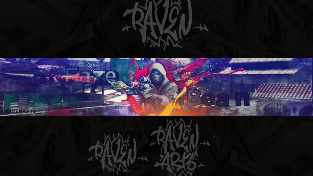 A banner design featuring a hooded figure holding a weapon, surrounded by colorful splashes and graffiti-style text reading “RAVEN ARTS” on a dark background with faint dollar bill patterns