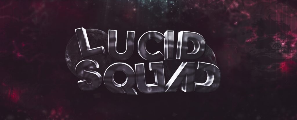 The image displays a metallic 3D text logo reading “LUCID SQUAD” set against a dark, abstract background with red and purple hues