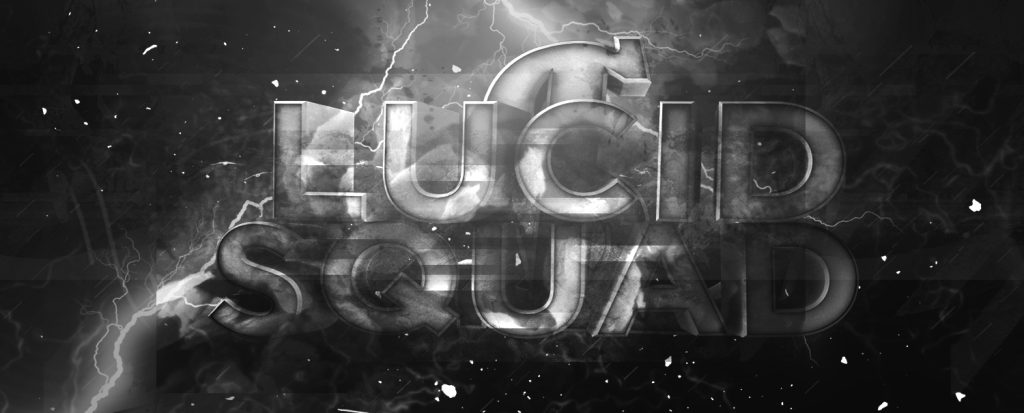 Banner design for Lucid Squad featuring metallic lettering, lightning effects, and a dark textured background