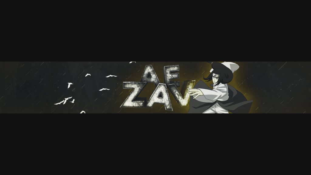 A banner design featuring stylized metallic letters “AEZAV” beside an anime-style character in a dark, rainy setting with white birds flying nearby