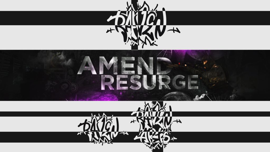 A banner design featuring bold black-and-white stripes, graffiti-style logos, and metallic text reading “AMEND RESURGE” over a dark, smoky background with purple lighting