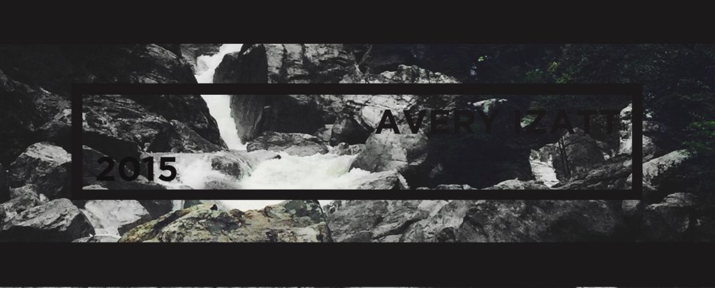 Banner design featuring a waterfall and rocks with the year 2015 and name Avery Izatt displayed in a rectangular frame
