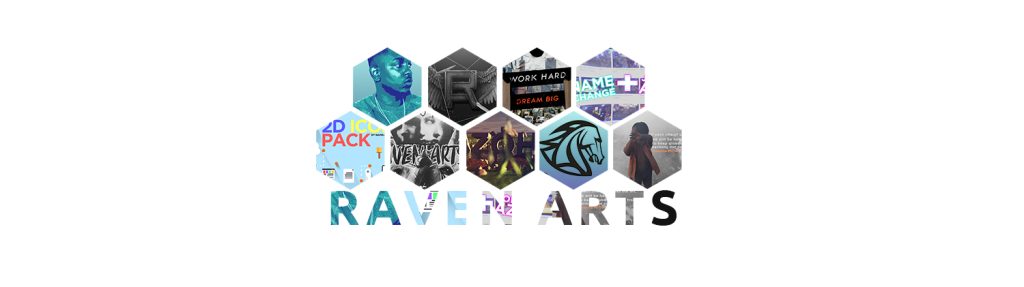 The banner design features a hexagonal collage of graphic art pieces above the stylized text “RAVEN ARTS” in mixed fonts and colors