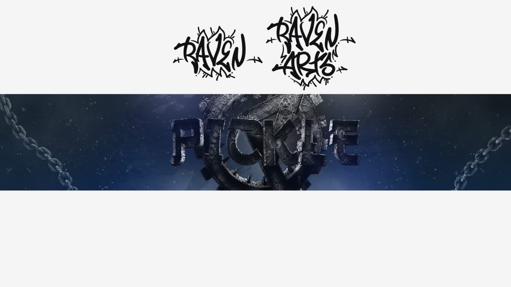 Banner design featuring “RAVEN ARTS” graffiti-style logos above a dark, chain-framed emblem with metallic lettering spelling “PICKLE.”