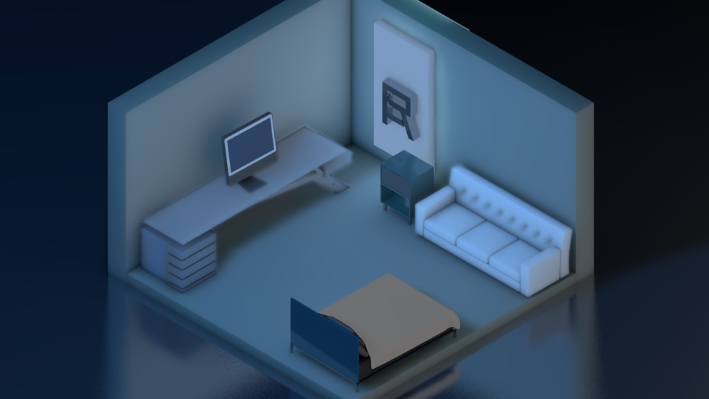 An isometric 3D render of a minimalist room with a desk, monitor, sofa, bed, and wall art labeled “R”