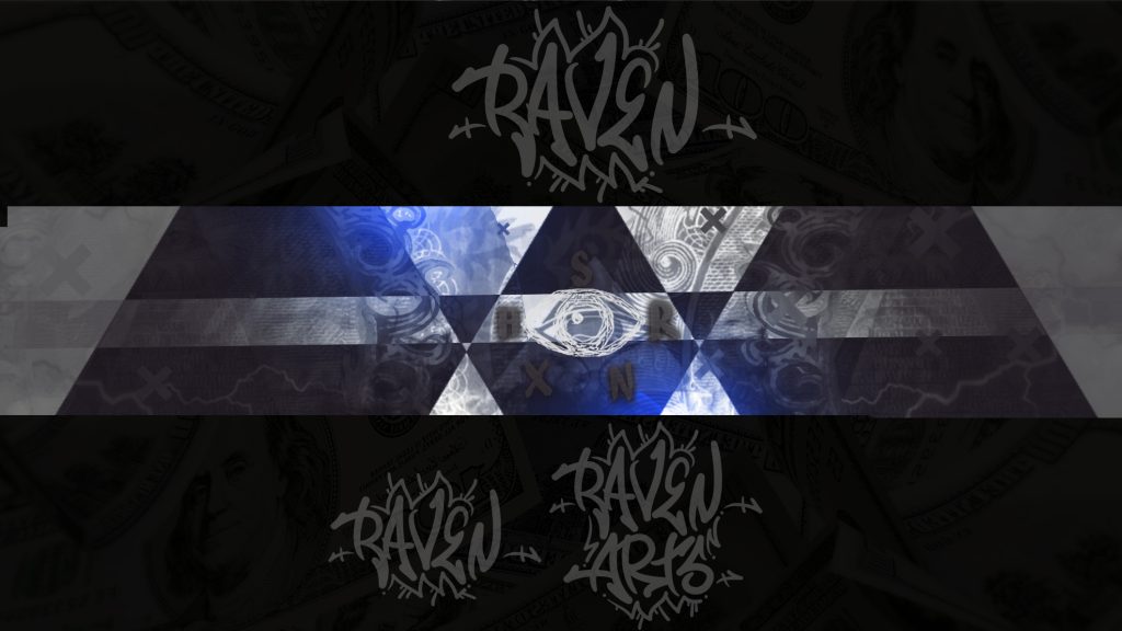 A banner design featuring graffiti-style “RAVEN” text, geometric blue-and-gray triangles, and faint dollar bill patterns in the background