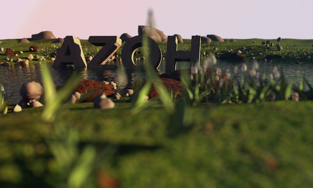 The image shows a 3D render of large letters spelling “AZOH” standing in water on a grassy, rocky landscape under a soft sky