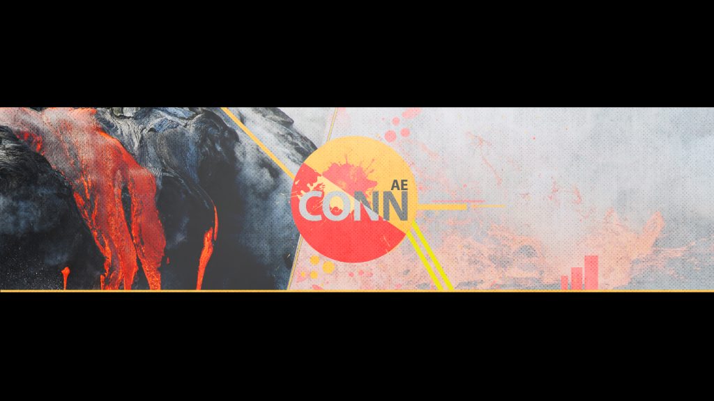 A banner design featuring a fiery lava flow on the left, a red and yellow circular logo with “CONN AE” in the center, and abstract splashes against a textured gray background