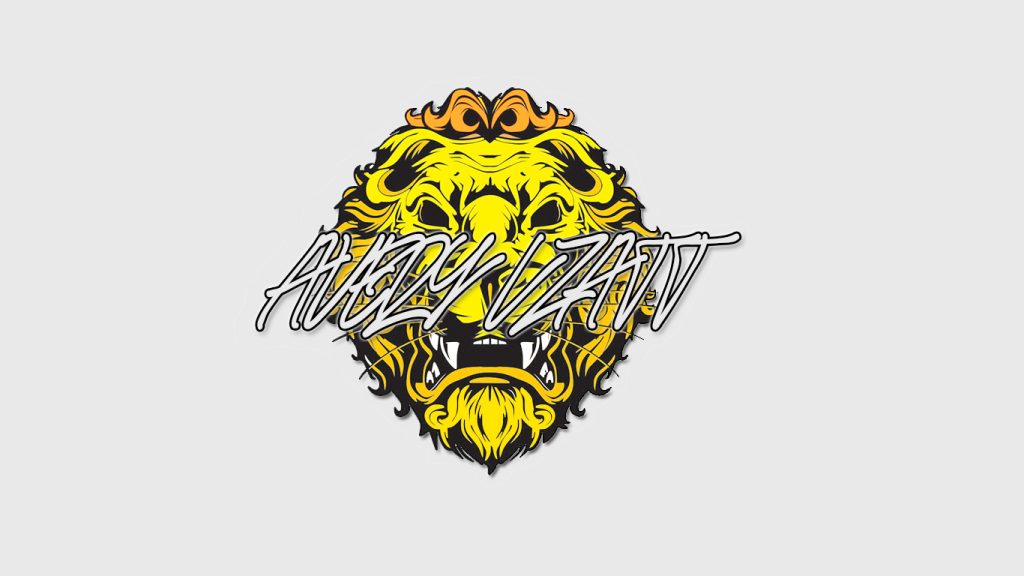 A stylized yellow lion head logo with white graffiti-style text overlaid, displayed on a light gray background