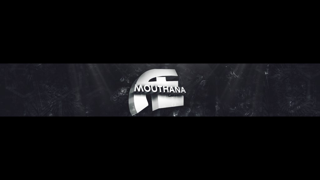 A banner design featuring a metallic ‘M’ logo with the word MOUTHANA set against a dark, textured background