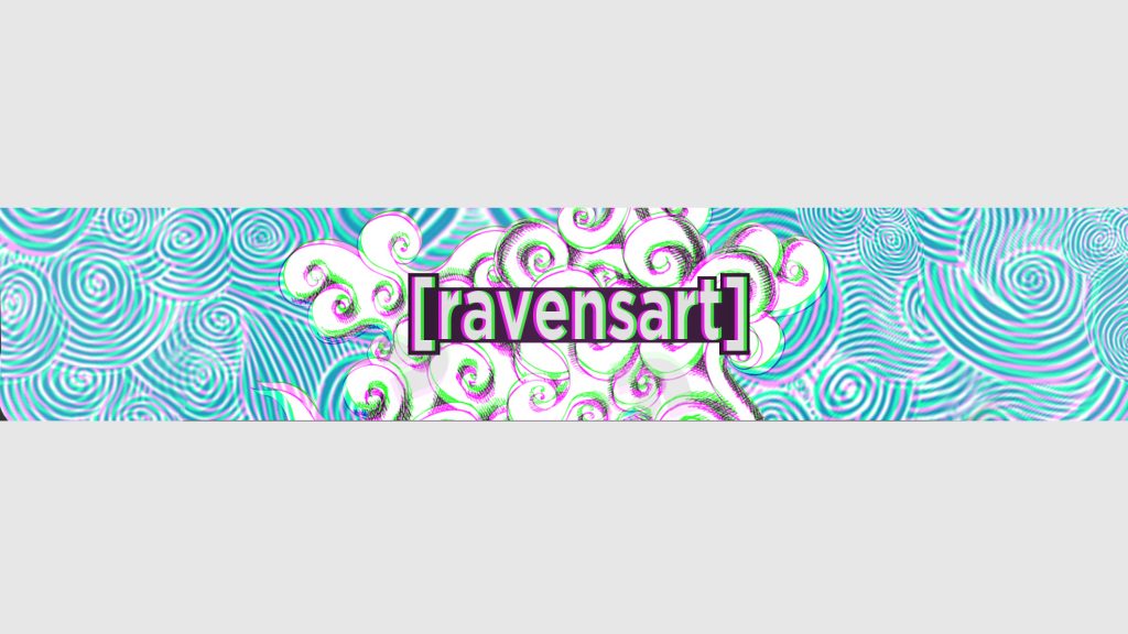 A banner design featuring the text “ ravensart “ in a stylized font, surrounded by swirling patterns in shades of blue and white