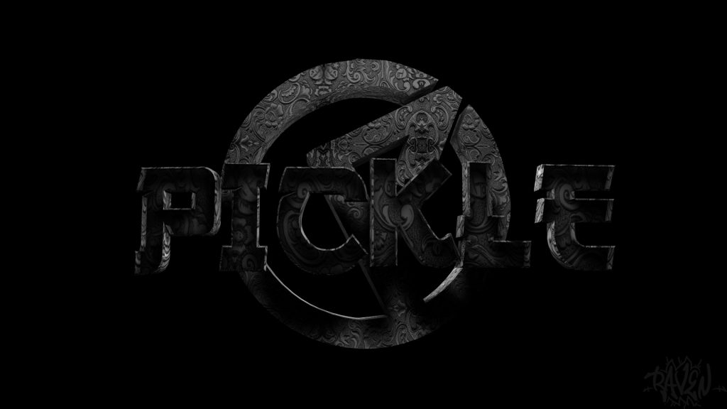 A black-and-white graphic design logo featuring ornate, carved lettering spelling “PICKLE” overlaid on a circular emblem with intricate patterns and a stylized arrow motif