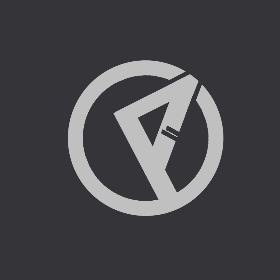 A gray circular logo featuring a stylized letter ‘A’ with a small horizontal line, set against a dark background