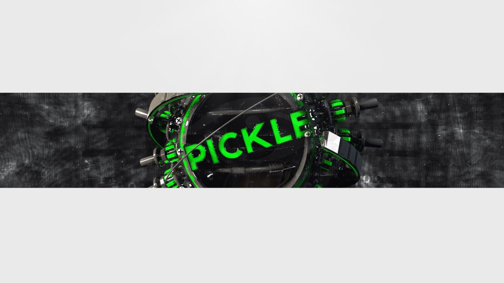 A banner design featuring a green and black mechanical object with the word “PICKLE” in bold green letters against a dark textured background