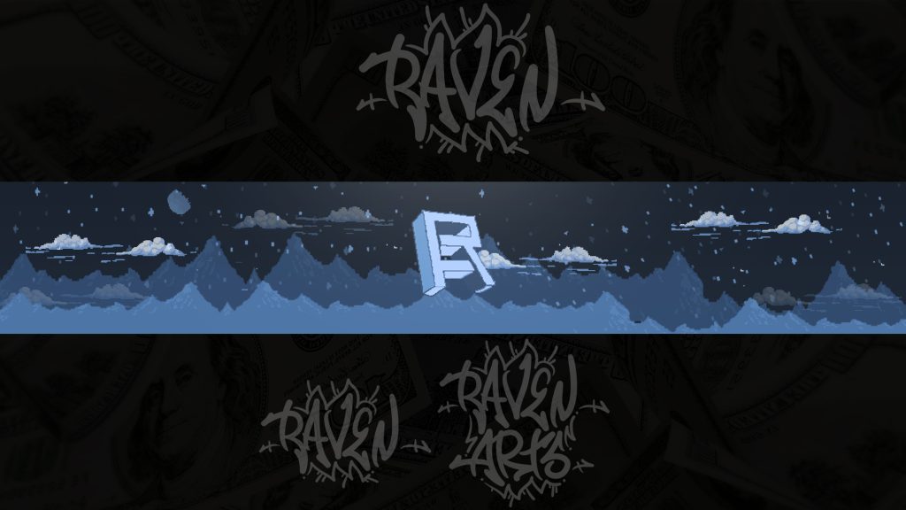 The image displays a banner design featuring stylized graffiti text, mountain silhouettes, clouds, and a central letter ‘R’ against a dark background