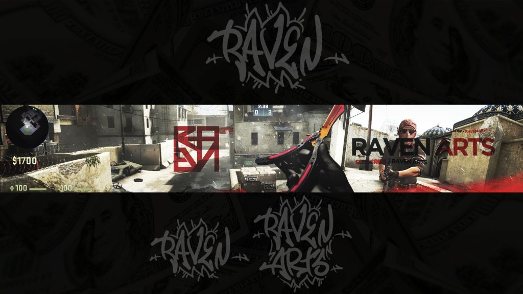A banner design featuring a first-person shooter game scene with graffiti-style “RAVEN ARTS” text, weapon, and character in an urban environment