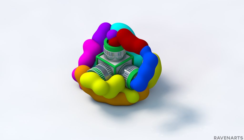 A colorful 3D render shows a central mechanical structure surrounded by vibrant, amorphous shapes in purple, red, blue, yellow, and orange against a white background