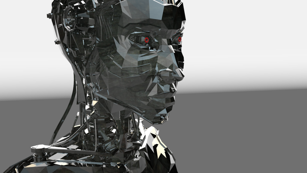 A low-poly 3D render of a metallic, geometric humanoid head and neck with exposed mechanical components and red eyes