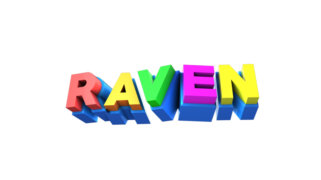 The image displays a 3D logo design featuring the word “RAVEN” in colorful block letters—red, yellow, green, pink, and blue—with blue bases beneath each letter, set against a black background