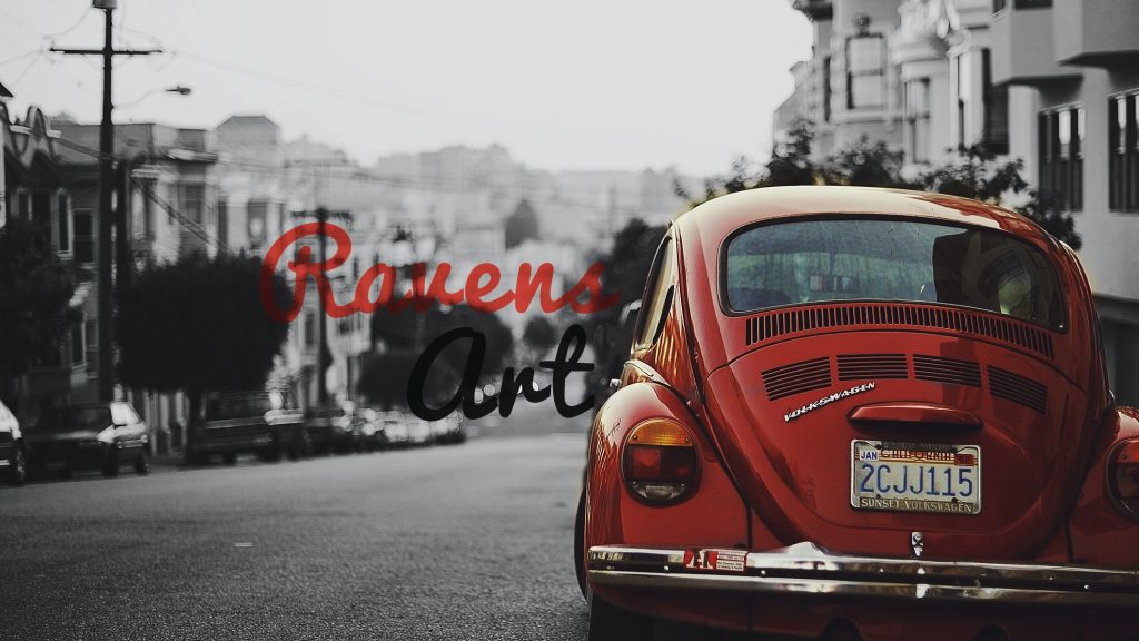 A red Volkswagen Beetle parked on a city street, with “Ravens Art” text overlaid in stylized fonts