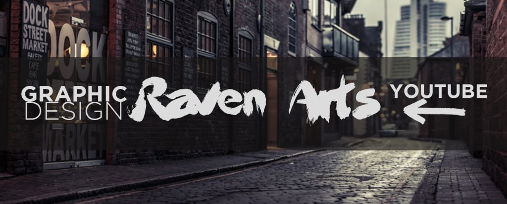 Banner design for a graphic design journey blog post, featuring Raven Arts logo on a cobblestone street scene