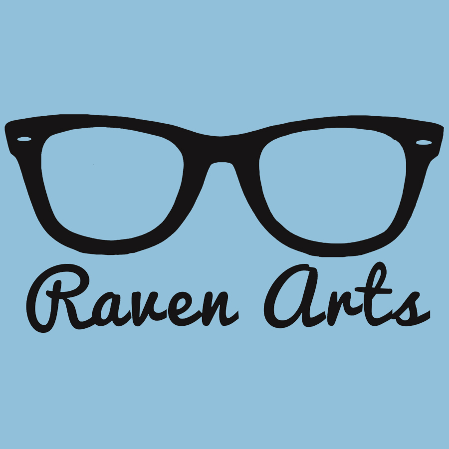 A black-rimmed eyeglasses icon sits above the cursive text “Raven Arts” on a light blue background, part of a logo design for Raven Arts