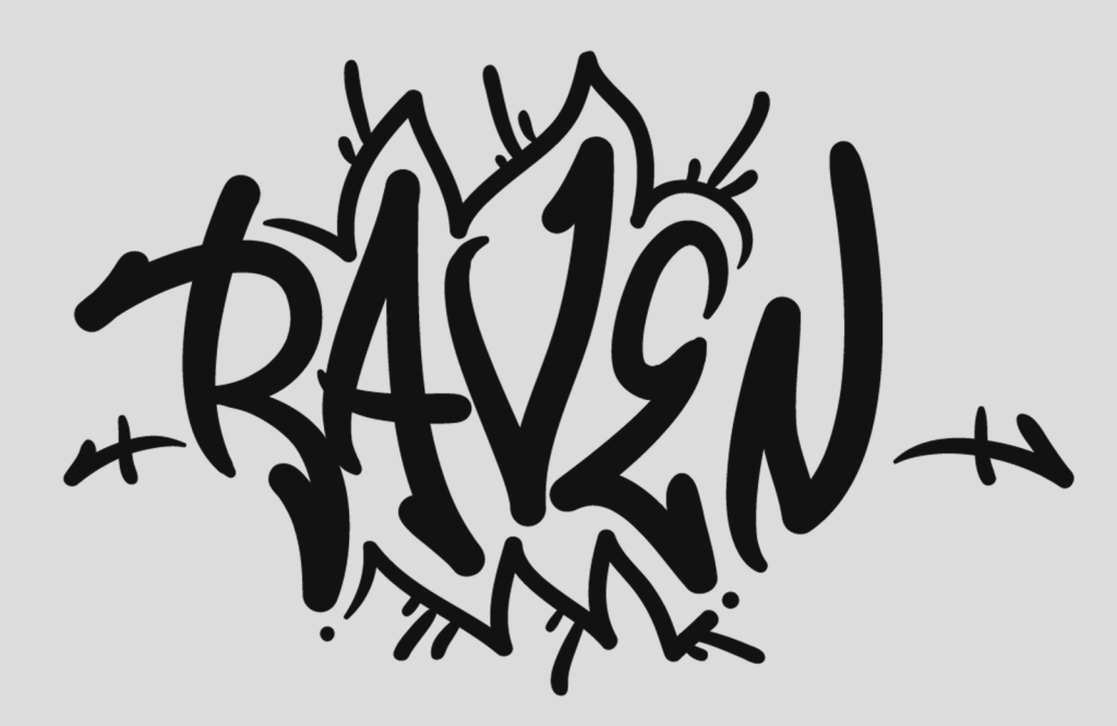 A black-and-white graffiti-style logo reading “RAVEN” with jagged, spiky outlines and plus signs on either side, displayed under a heading labeled “Logo Designs.”