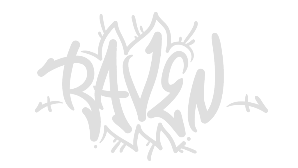 White graffiti-style logo reading “RAVEN” with jagged edges and cross symbols, displayed on a black background as part of a graphic design portfolio section