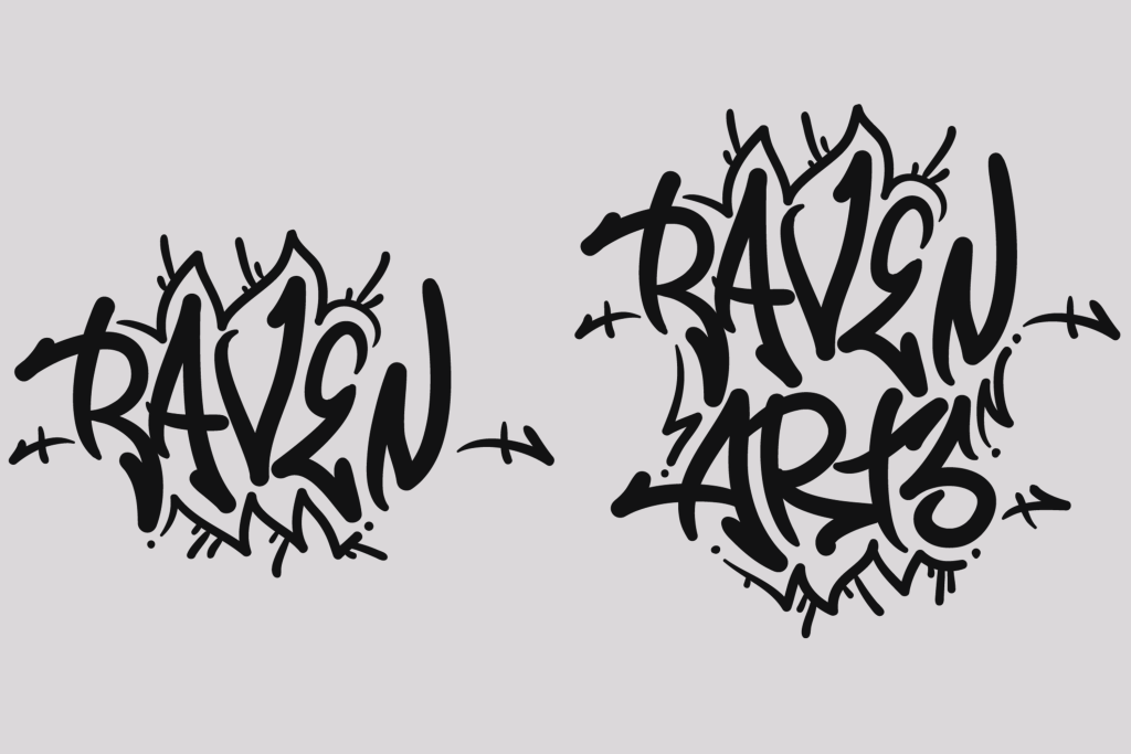 Two graffiti-style logos reading “RAVEN” and “RAVEN ARTS” in black ink on a light gray background, displayed side by side