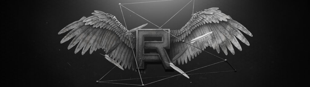 A black-and-white 3D render shows a metallic letter “R” flanked by feathered wings, intersected by geometric lines and floating blades against a dark background