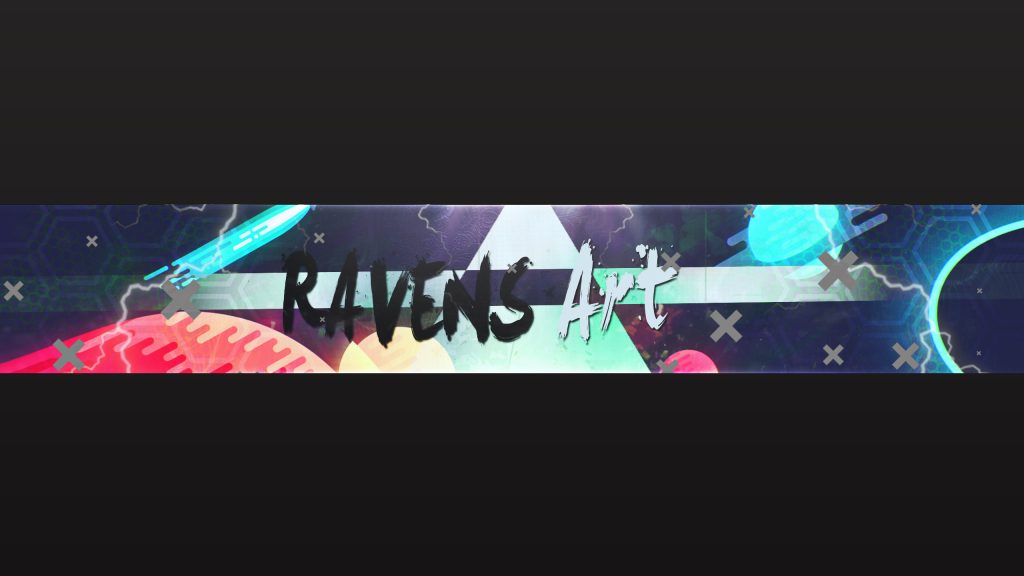 A banner design featuring the text “RAVENS Art” over a colorful, abstract background with geometric shapes and glowing lines