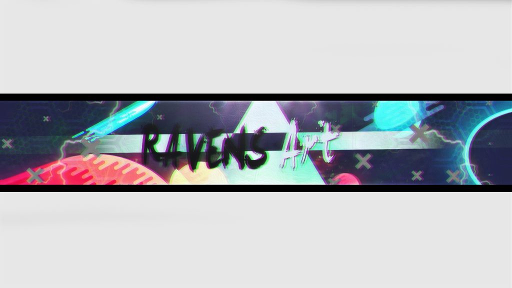 A banner design featuring “RAVENS Art” in stylized text over a cosmic scene with planets, lightning, and geometric shapes