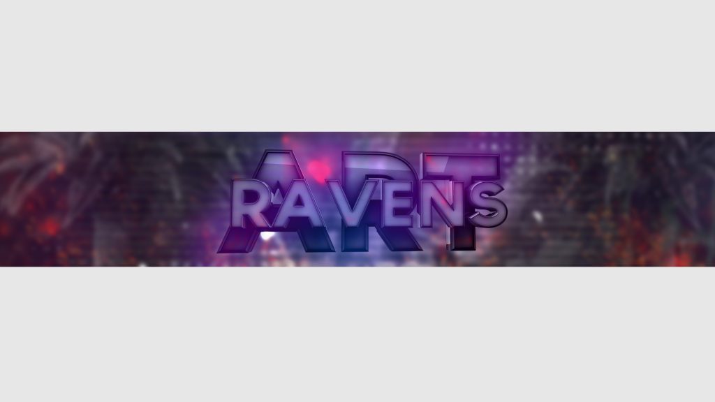 A banner design featuring the stylized text “RAVENS” in metallic purple and blue lettering against a blurred, glowing background with red and purple light effects
