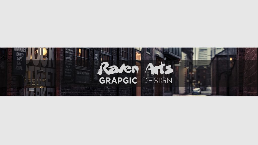 Banner design overlaying a dimly lit urban street scene with brick buildings and storefronts, labeled “Raven Arts GRAPGIC DESIGN”
